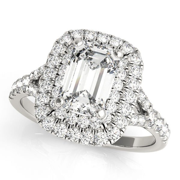1.10 Tcw Two Tone Emerald Cut Double Halo CZ Engagement Ring 14k White gold