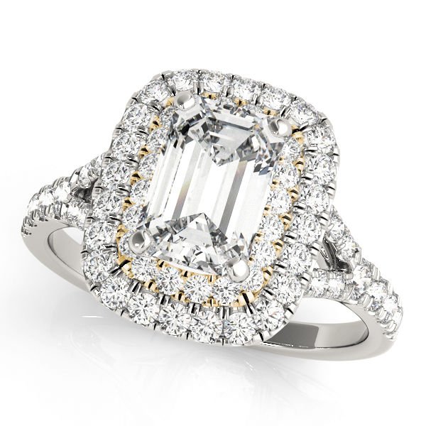 1.10 Tcw Two Tone Emerald Cut Double Halo CZ Engagement ring 14k White And YG