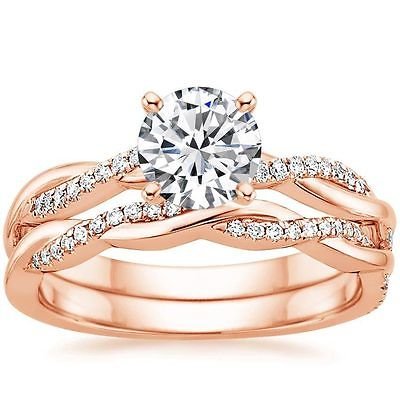 1.05 Tcw Round Solitaire CZ Petite Twisted Vine Wedding Ring Set 14k Rose Gold