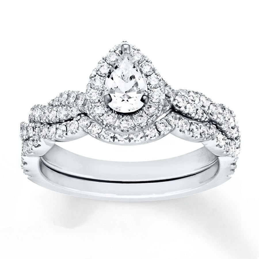 0.90 Tcw Pear Cut Halo twist CZ Engagement And Wedding Ring Set 18K White Gold