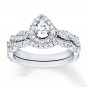 0.90 Tcw Pear Cut Halo twist CZ Engagement And Wedding Ring Set 18K White Gold