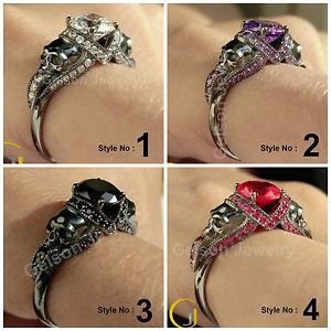 1.65 Ct Black Rhodium Two Skull Engagement Wedding In 925 Sterling Silver Ring