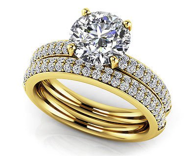 1.95 Tcw Round Cut Solitaire Four Row CZ Wedding Ring Sets 10K Solid Yellow Gold