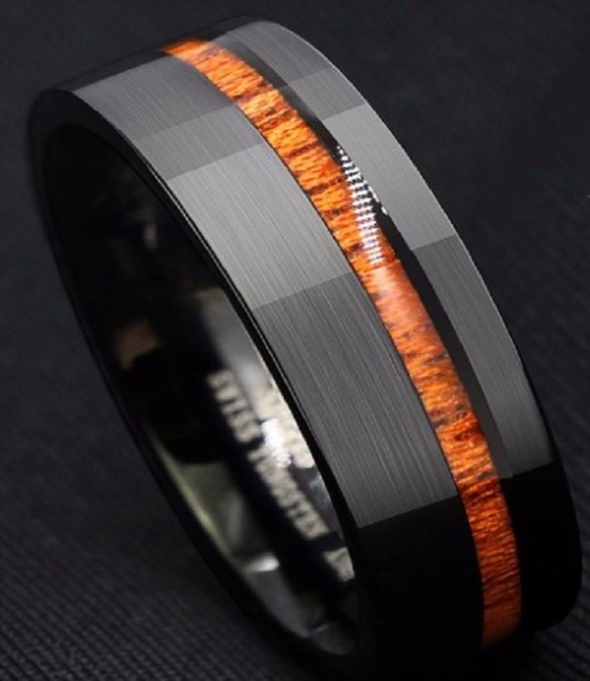Tungsten Carbide Ring black brushed With Off Center Koa Wood. 8mm