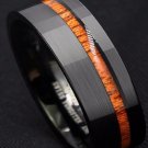 Tungsten Carbide Ring black brushed With Off Center Koa Wood. 8mm