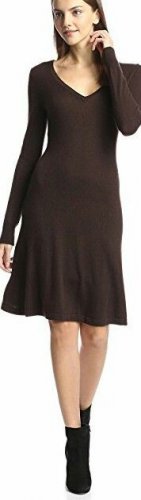 Cashmere Addiction Women's Long Sleeve V-Neck Dress, Chocolate, M