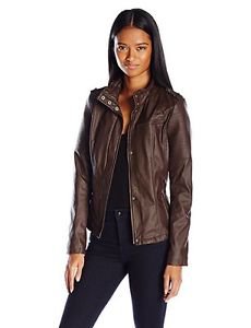 Celebrity Pink Junior's Vegan Leather Moto Jacket, Bark, X-Large