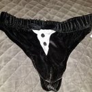 Tuxedo Look Black Velour Thong- Large