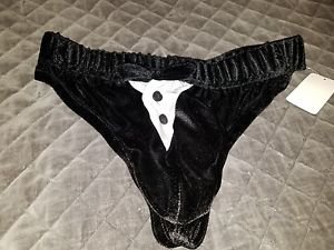 Tuxedo Look Black Velour Thong- Large