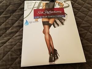 Women's Lingerie Hanes Silk Reflections Lace Top Thigh Highs - Jet
