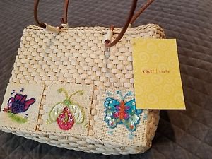 QVC Quacker Factory CRUISE Woven Straw Purse Tote Dragonfly Butterflies Ladybug