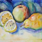 Original watercolor painting fruit still life Lemon apple pear colorful kitchen wall art