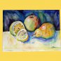 Original watercolor painting fruit still life Lemon apple pear colorful kitchen wall art