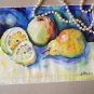 Original watercolor painting fruit still life Lemon apple pear colorful kitchen wall art