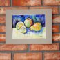 Original watercolor painting fruit still life Lemon apple pear colorful kitchen wall art