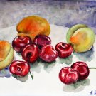 Original watercolor painting fruits still life Sweet cherry and apricot, colorful kitchen wall art