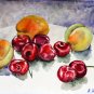 Original watercolor painting fruits still life Sweet cherry and apricot, colorful kitchen wall art