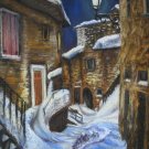 Original pastel painting, winter cityscape, night city, moon, wall art, wall decor,