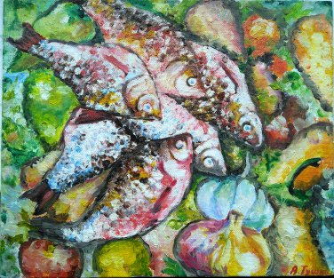 Impressionist still life - Fish. Original oil painting, kitchen artwork, wall decor, wall art