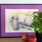 Still life, original watercolor painting, kitchen wall decor, bookshelf painting Cup and book