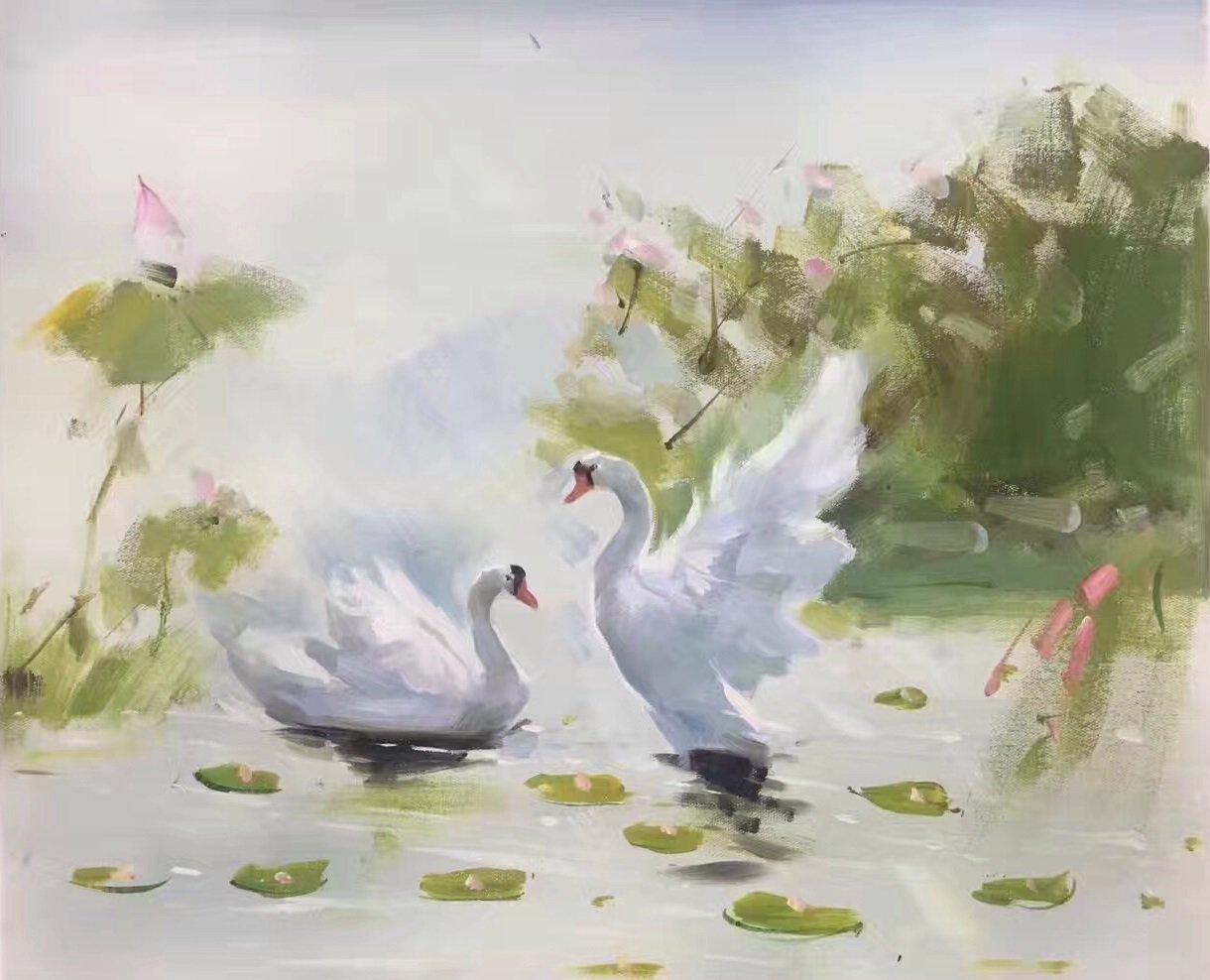 Chinese style Hand painted oil painting on canvas"swan"50x60CM(19.7"x23.6")Unframed-03
