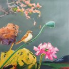 Hand painted oil painting on canvas"bird and lotus"60x90CM(24"x36")Unframed-52