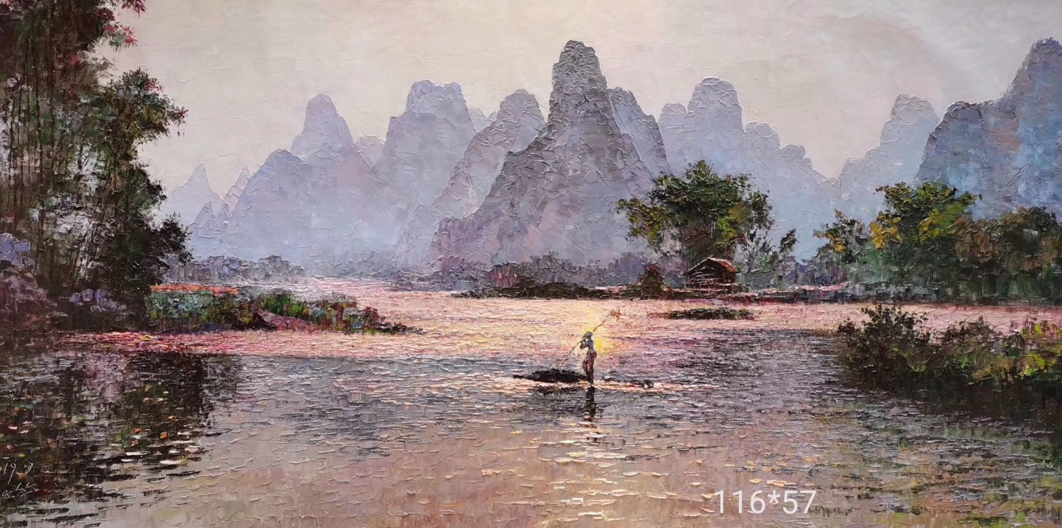 Hand painted oil painting on canvas"Mountain and water"116x57CM(45.6"x22.5")Unframed-822
