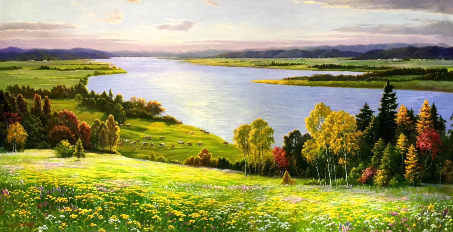 Hand painted oil painting on canvas"Mountain and water"94x180CM(37"x71")Unframed-823