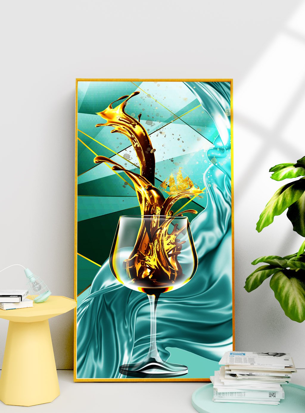 Modern abstract Wall Decor gold foil golden red wine cup decoration Art painting05