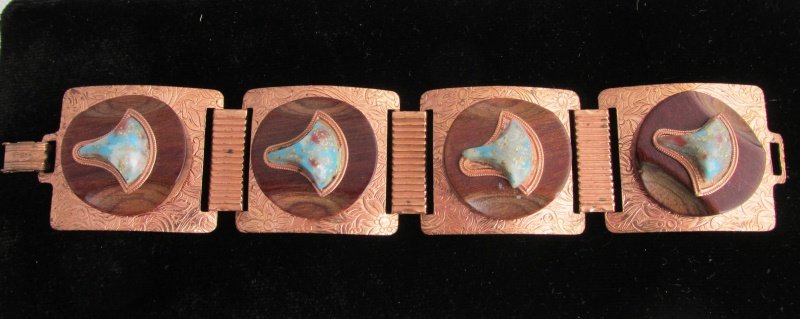 Vintage Embossed Copper Wide Panel Bracelet Chunky Wood Art Glass Golden Glitter