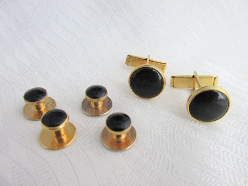 Vintage Faux Onyx Gold Plated Cufflinks Studs Set Wedding Prom Special Occasion