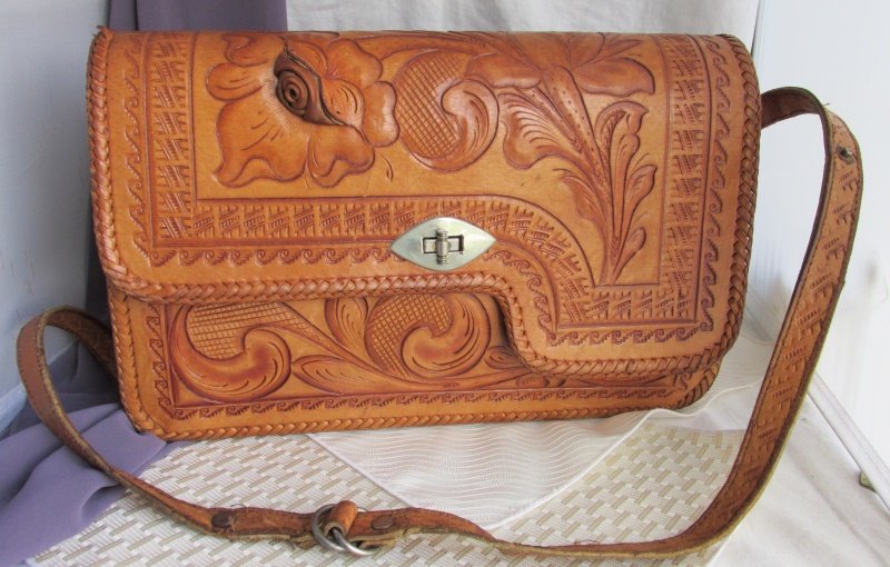 RARE Vintage Chac Mool Blooming Rose Tooled Leather Handbag Purse Strap MEXICO