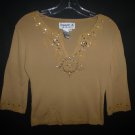Joseph A Womens Beige 3/4 Sleeve Sequin Shirt Size Small