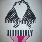 NWOT Women's Black White Pink Polka Dot Halter Bikini Swimsuit Small