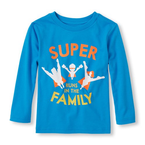 NWT The Childrens Place Boy "Super Runs in the Family" Blue Long Sleeve Shirt 2T