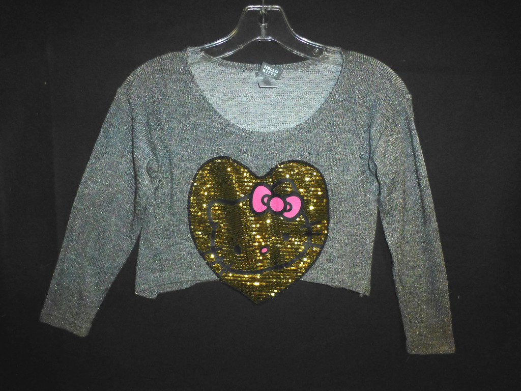 Hello Kitty Girl Gold Sequin Heart Gray Long Sleeve Cropped Shirt 7/8