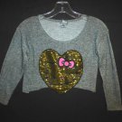 Hello Kitty Girl Gold Sequin Heart Gray Long Sleeve Cropped Shirt 7/8