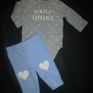 Carter's Baby Girls "Simply Adorable" Blue Bodysuit Gray Heart Pants Outfit 3 M