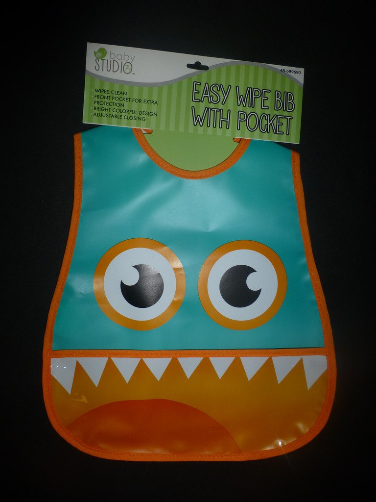 NWT Baby Studio EVA Plastic Waterproof Green Monster Pocket Feeding Bib