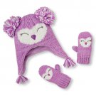 NWT The Children's Place Girl Purple Shimmery Owl Pom Pom Hat Mittens Set 6-12 M
