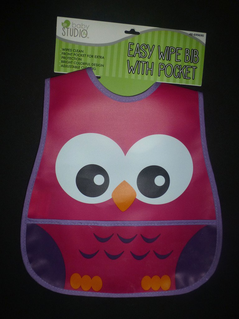 NWT Baby Studio EVA Plastic Waterproof Pink Owl Pocket Feeding Bib