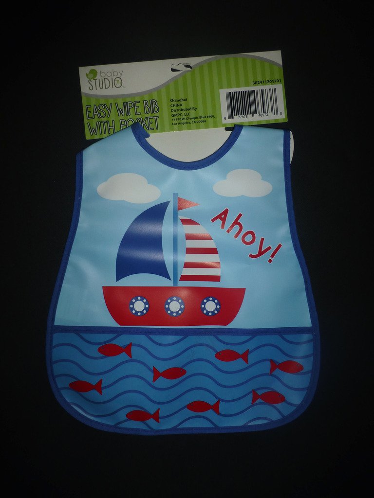 NWT Baby Studio EVA Plastic Waterproof Blue Sail Boat Pocket Feeding Bib