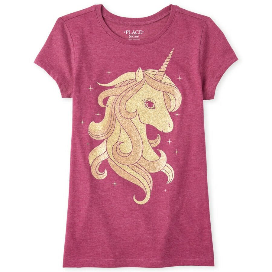 NWT The Childrens Place Gold Glitter Unicorn Girls Short Sleeve Shirt
