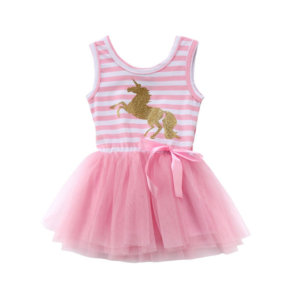NWT Girls Gold Glitter Unicorn Pink Striped Sleevless Tutu Dress 2T 3T 4T 5T