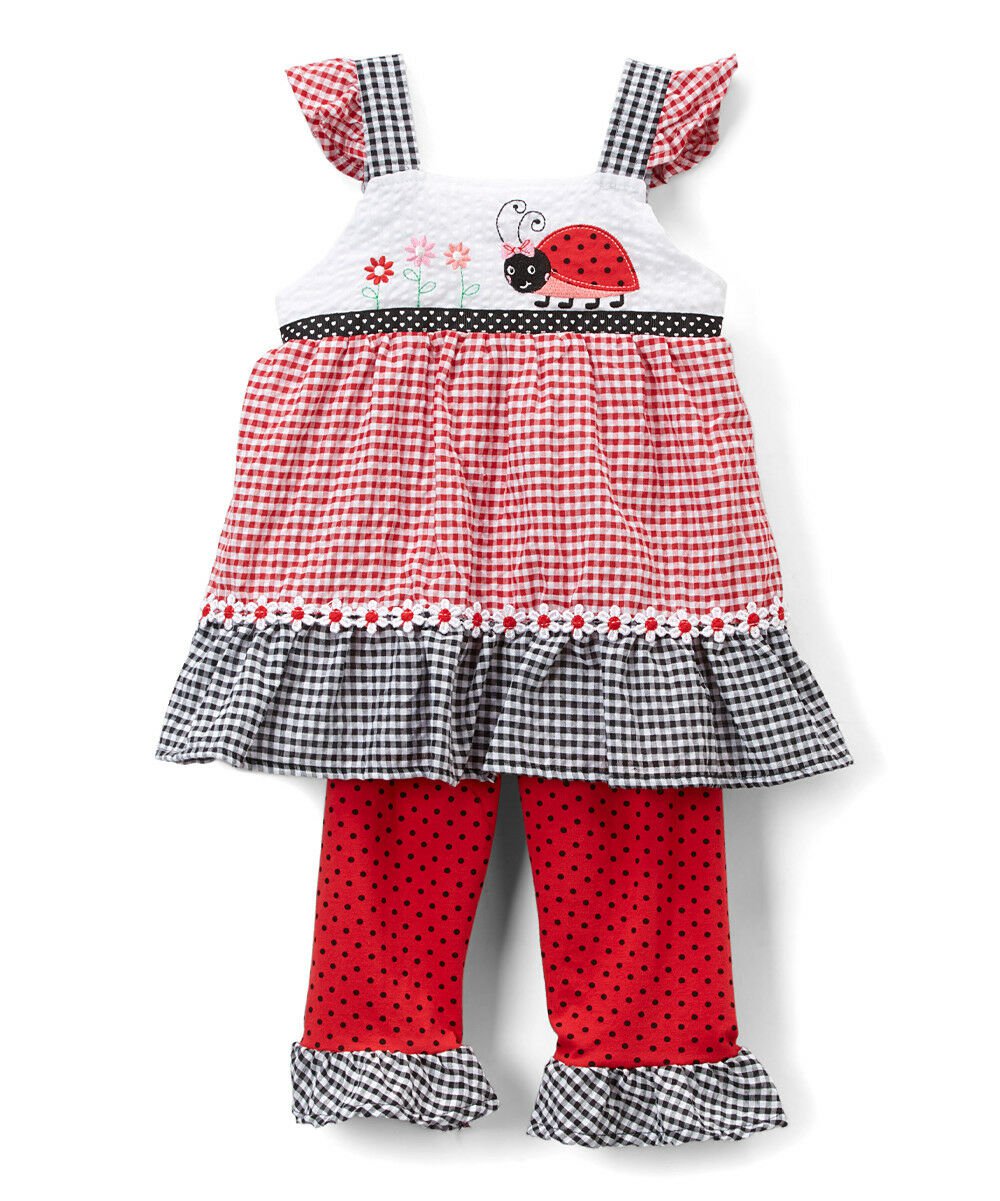 NWT Nannette Girls Ladybug Red Gingham Tunic Ruffle Leggings Outfit Set