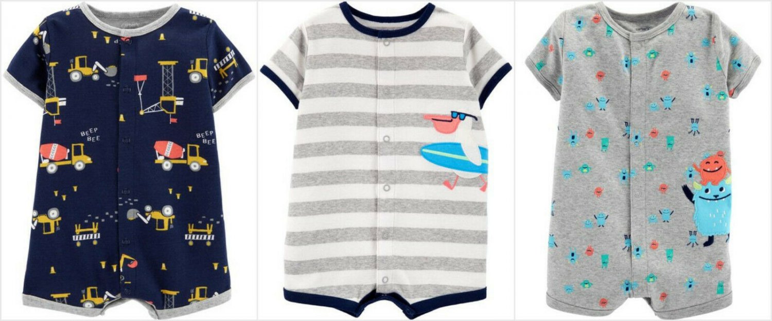 NWT Carters Monster Trucks Surf Pelican Baby Boys Short Sleeve Romper Jumpsuit