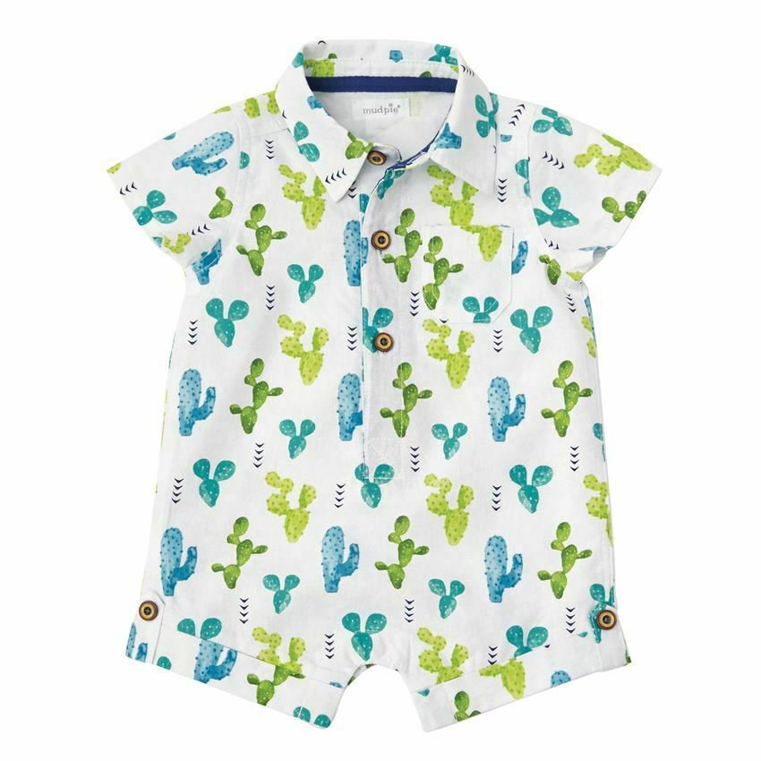 NWT Mud Pie Cactus Baby Boys Short Sleeve White Romper Jumpsuit Shortall