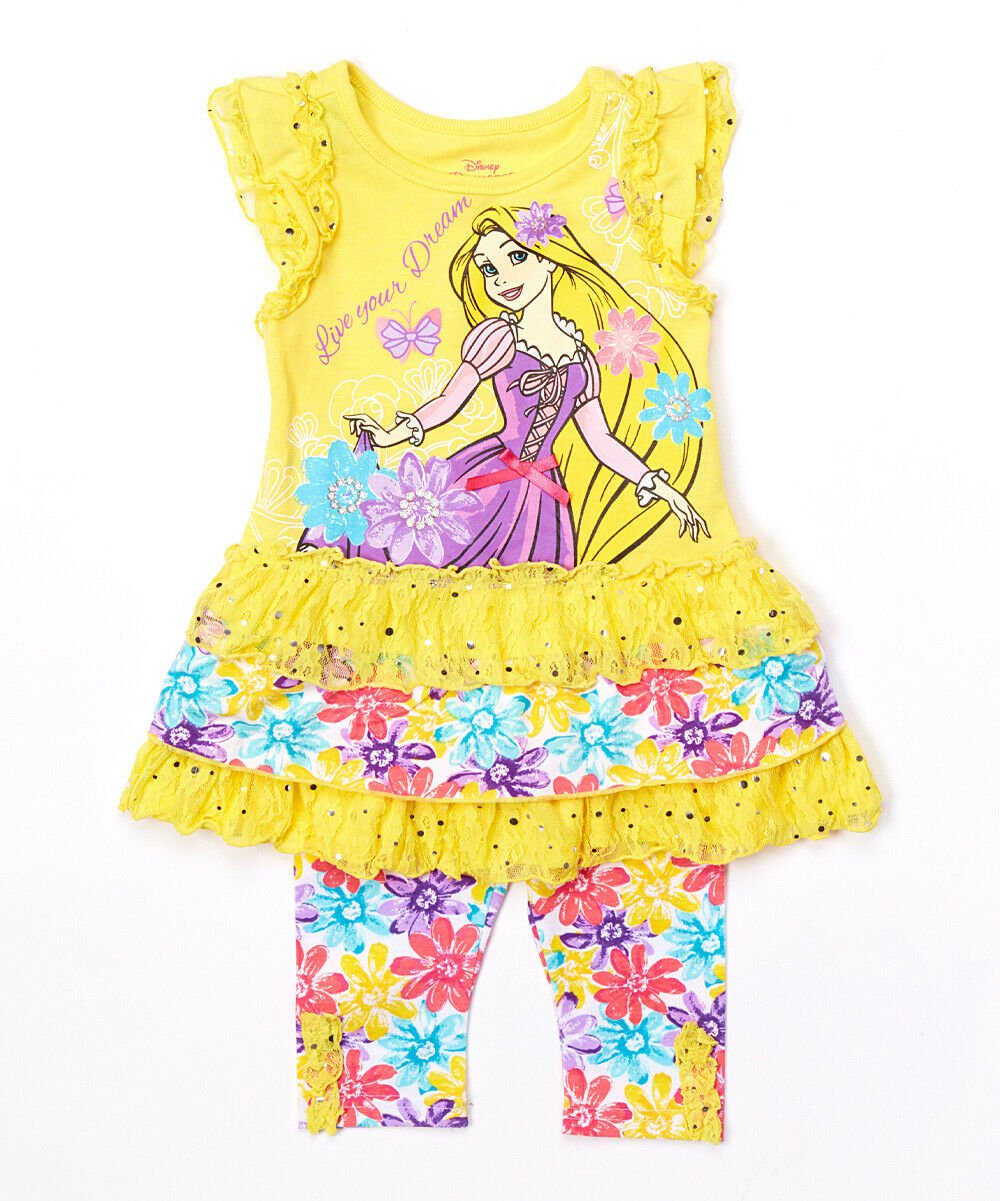 NWT Disney Tangled Princess Rapunzel Yellow Ruffle Tunic Leggings Girls Outfit