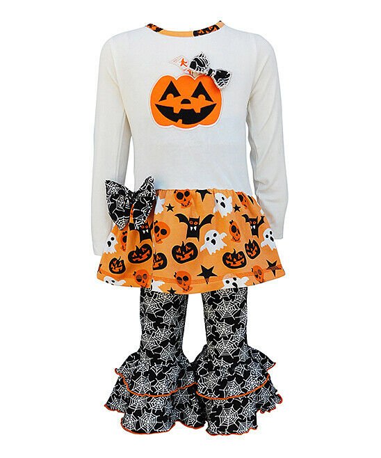 NWT Ann Loren Jack-O-Lantern Pumpkin Girls Tunic Dress Leggings Halloween Outfit