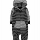 NWT Carters Baby Boys Black Gray Striped Ears Hoodie Hooded Romper Jumpsuit